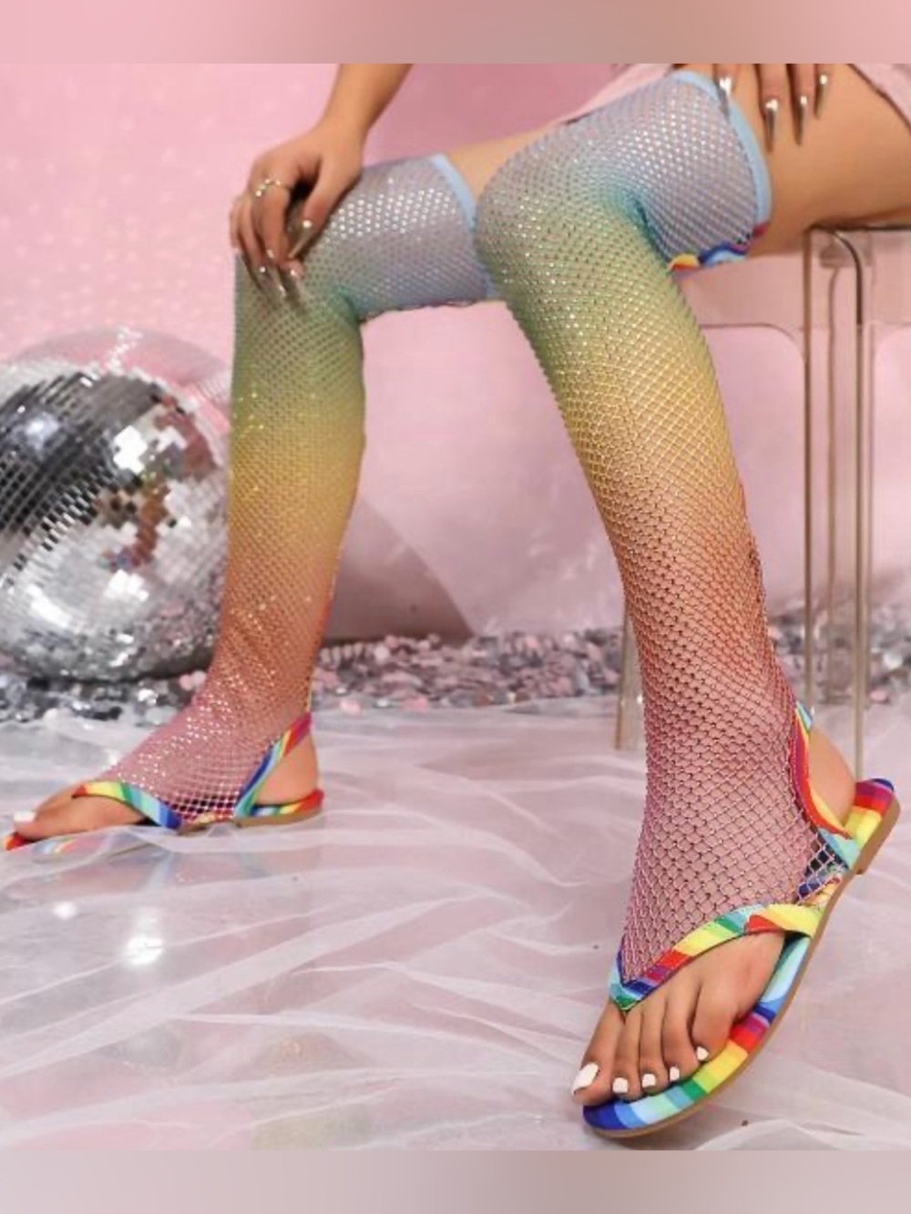 Cape Robbin Rainbow Ombre Rhinestone Fishnet Thigh-Highs